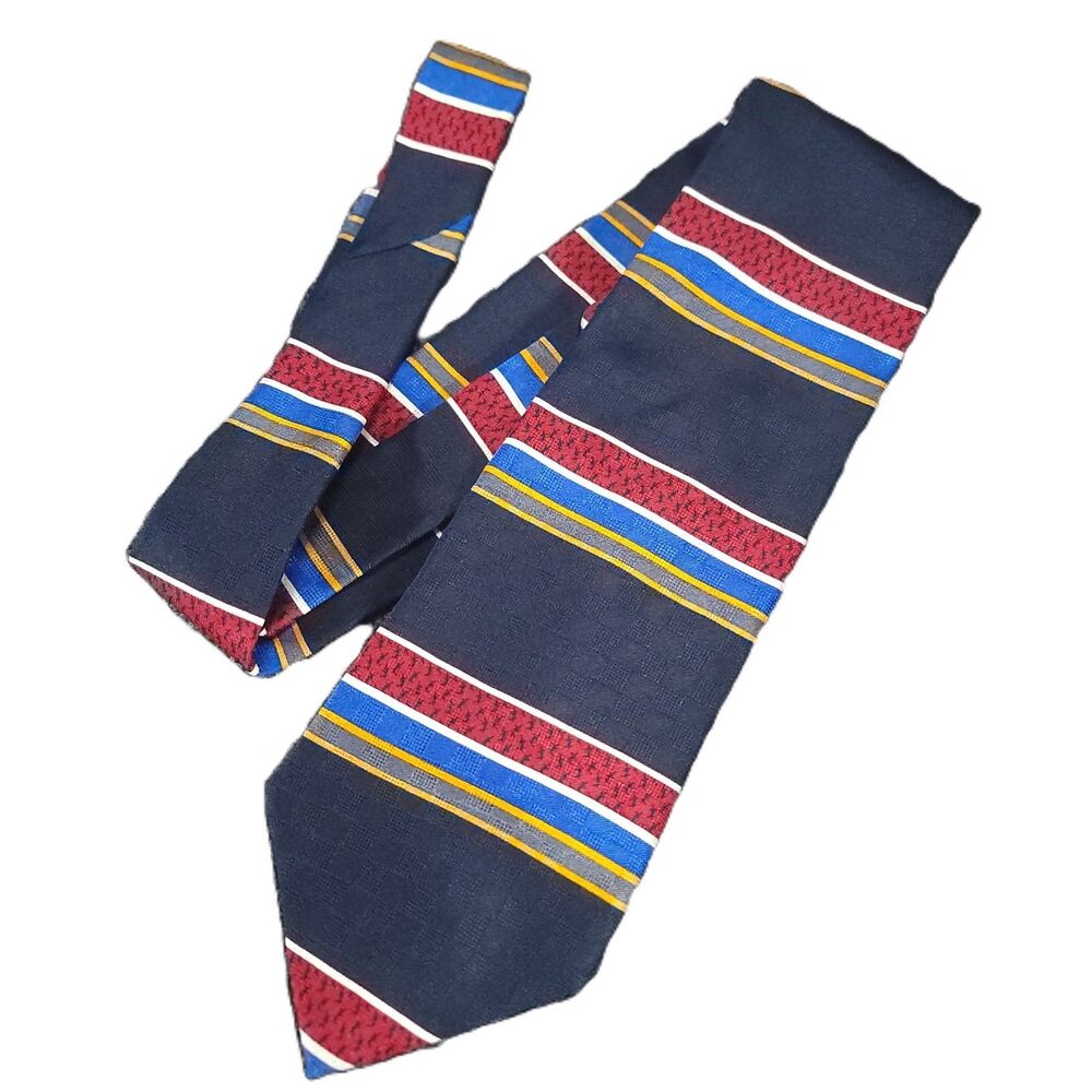 Vintage Elizabeth Nell Cravatte Silk Necktie Men's XL Red Blue Yellow Stripe USA